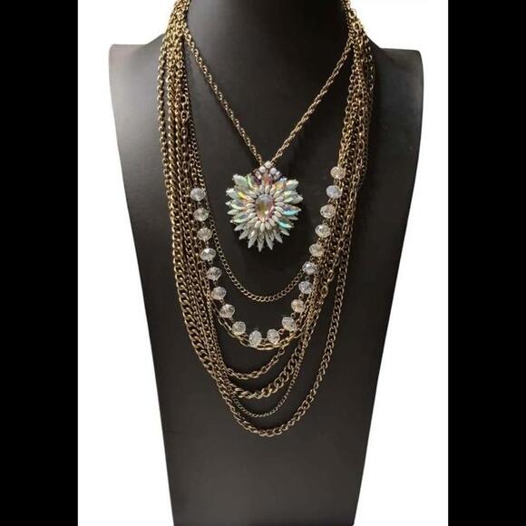 Vintage 1980's Multi-Strands Necklace w/ Aqua and Aurora Borealis Floral Pendant - Picture 2 of 6